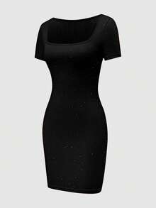 Women's Stunning Black Sequin Square Neck Dress, Minimalist Fitted Sexy Charm - Black - View 3