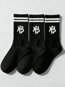 1/3双随机黑白字母印花男女通用中筒袜，休闲运动袜，舒适时尚，适合日常穿着，四季皆宜，学院风 - 彩色 - 查看 2