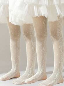 1/2 双女童夏季纯白色/米色镂空蕾丝网眼透气连裤袜，百搭日常穿着