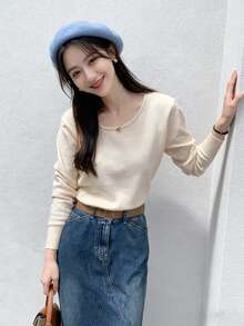 Women's Solid Color Loose Fit Casual Pullover Dropped Shoulder Short Knit Sweater - Apricot - View 2