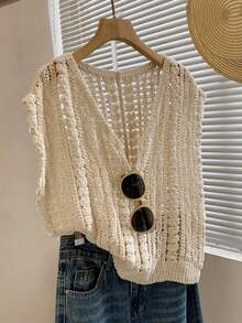 Women Solid Color Knit Fabric Hollow V-Neck Cover Up Sleeveless Crop Top, Spring/Summer - Apricot - View 2