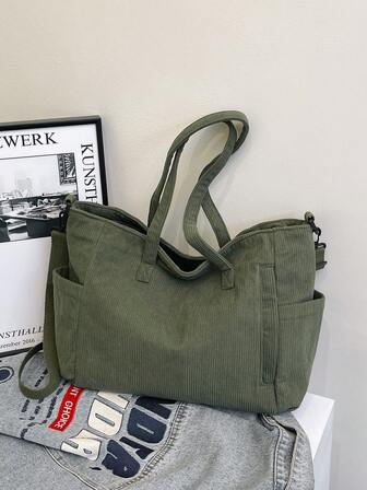 Solid Color Corduroy Tote Bag For Women Commuting Large Capacity Student Class Single Shoulder Crossbody Handbag Simple Work Double Handle Shopping Bag