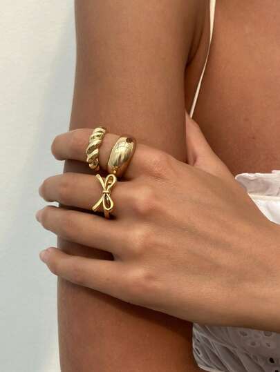 3pcs Elegant & Fashionable Gold Bowknot Rings, Minimalist Gold Metal Rings, Suitable For Women's Daily Wear, Engagement Party, Holiday Gifts
