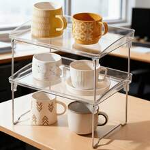 Organizador de mesa em acrílico transparente, com design dobrável de camada única/dupla para economizar espaço, prateleira retangular resistente, ideal para escritório em casa, dormitório estudantil, cozinha e banheiro, armazenamento multiuso para copos, artigos de papelaria e cosméticos, superfície fácil de limpar, estilo minimalista e durável. - Multicolorido - Ver 2