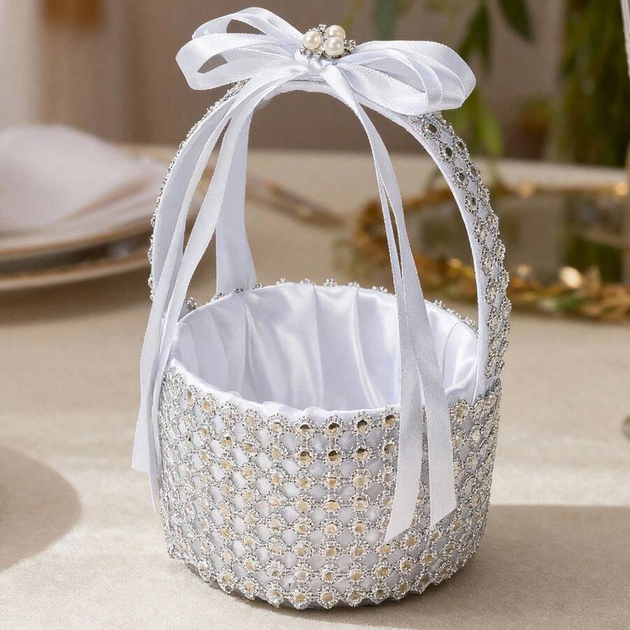 Cesta de flores para niña de la boda con decoración de diamantes de imitación, cesta de boda para una noche romántica, decoraciones para fiesta nupcial - plata - Ver 1