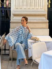 Women's Elegant Casual Fashion Sky Blue Polka Dot Pattern Shirt - Bow Tie, Lantern Sleeve, Loose, Pleated, Semi-Sheer - Baby Blue - View 2