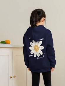 1pc Tween Girl Casual Printed Pullover Sweatshirt, Thermal Lined, Long Sleeve, Autumn/Winter Student Clothing - Navy Blue - View 2