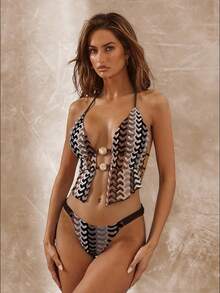 Elegant Beaded Contrast Color Bikini Set, Sexy & Fashionable For Beach - Coffee Brown - View 9