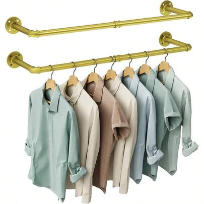 OROPY Industrial Pipe Clothes Rack Wall Mounted Set Of 2 38.4 Inches Heavy Duty Iron Pipe Clothing Garment Rail Multi-Purpose Clothing Hanging Rod For Laundry Room And Closet Storage Gold