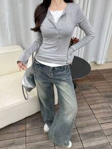 2026 New Arrival Women's Contrast Color 2 In 1 Long Sleeve T-Shirt, Slim Fit, Design, Spring - Grey - View 7