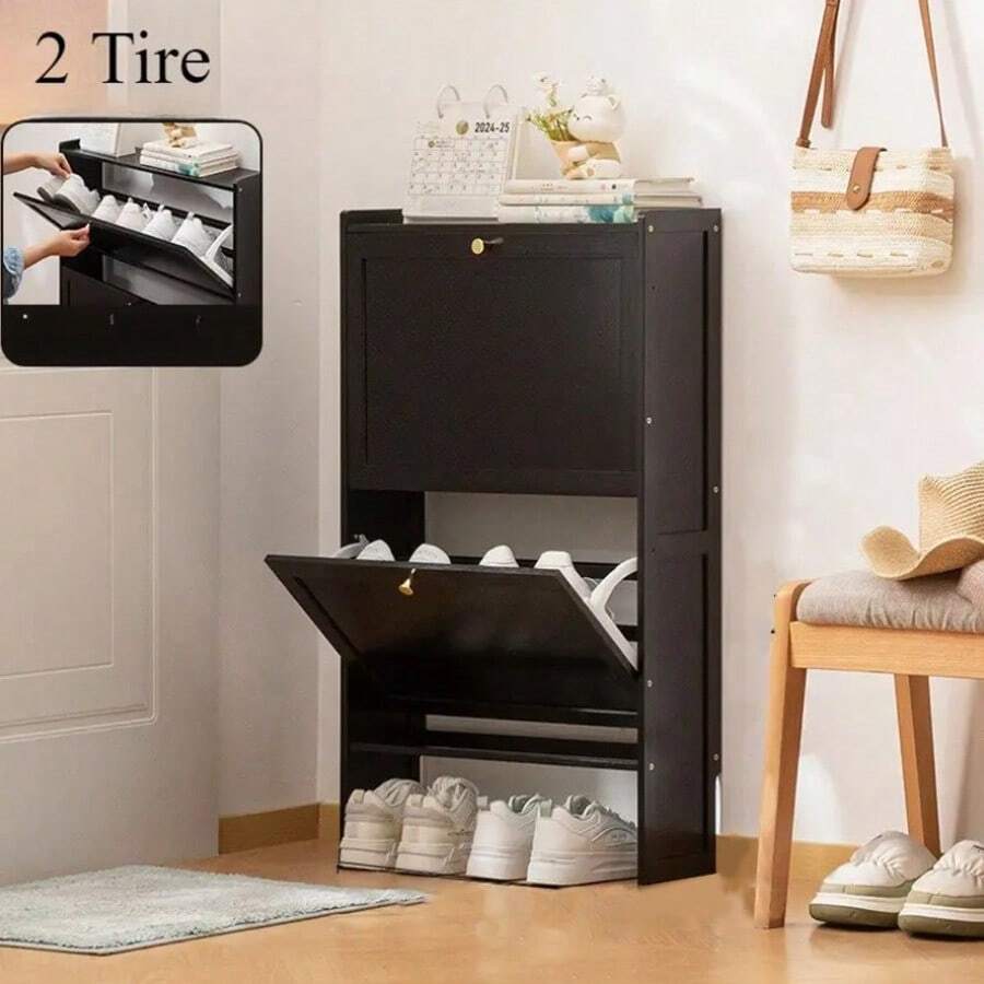 El Armario De Zapatos Con Estante De Zapatos Volcable, Mueble Zapatero Madera Hogar Casa, sala de estar y pasillo, estructura de madera, adecuado para almacenamiento de entrada - Blanco y Negro - Ver 1