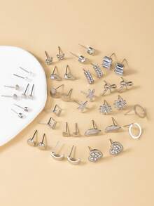 20对镶满水钻的心形蝴蝶结耳钉套装 - 銀色 - 查看 3