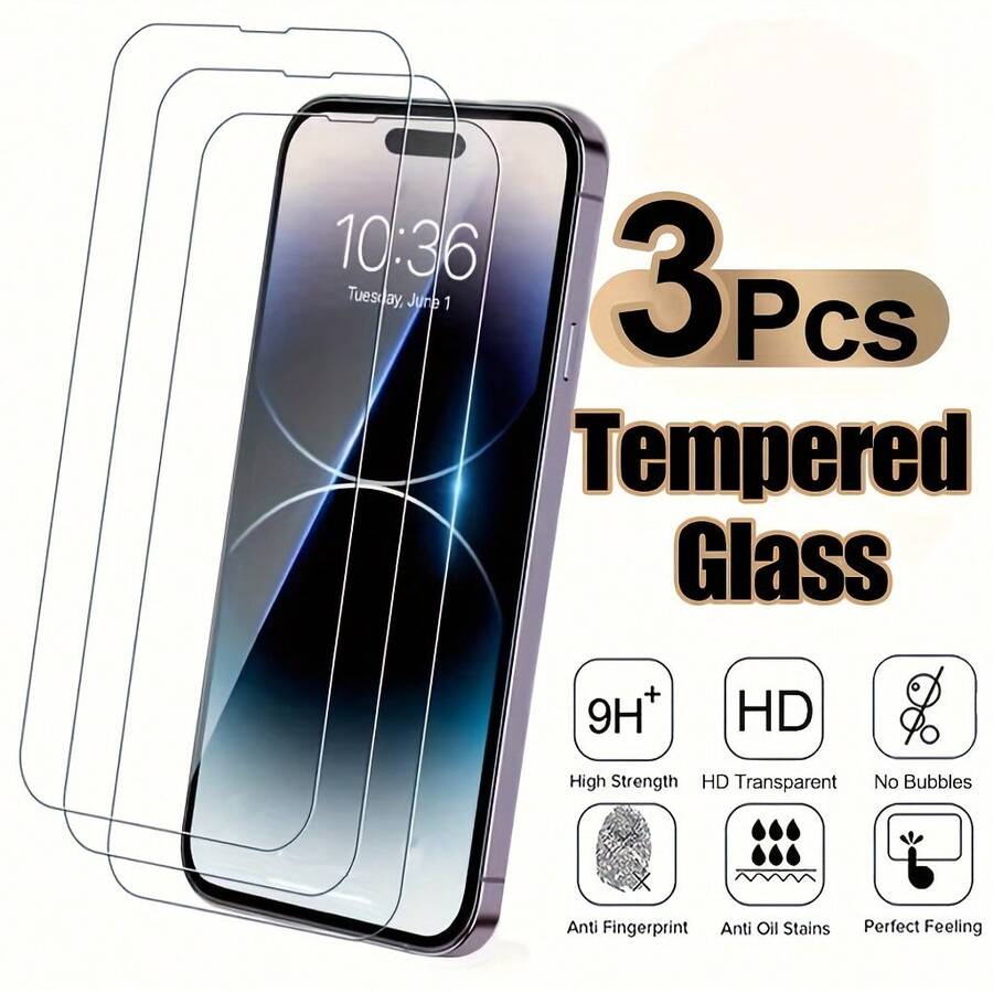3pcs Full Cover High-Definition Screen Protector For IPhone 11 12 13 14 15 16 Pro Max Glass For Apple For IPhone 14 15 Plus 16e Protective Tempered Glass Film,Suitable For IPhone 17 Air - 3件 - 查看 1