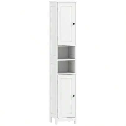 Tall, Narrow Bathroom Cabinet With Doors And Open Shelves, 30 X 30 X 170 Cm, White