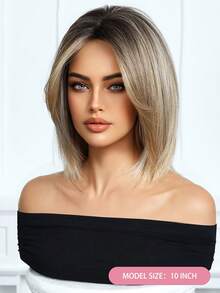 Peruca Ombré Curta e Lisa de 30 cm (12 polegadas), Feminina, com Mechas Brancas e Raízes Escuras, Ideal para Cosplay e Uso Diário, Fibra Sintética Resistente a Altas Temperaturas. - Ombre marrom - Ver 5