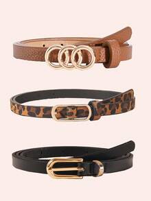 3pcs Mixed Leopard Print Skinny Waist Belt Set, Gold Buckle Triple Loop Small Waist Belt Combo - Multicolor - View 1