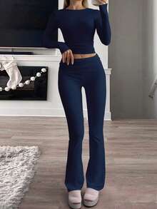 Women's Casual Round Neck Long Sleeve T-Shirt And Pants Set, Versatile For Spring - Navy Blue - View 3