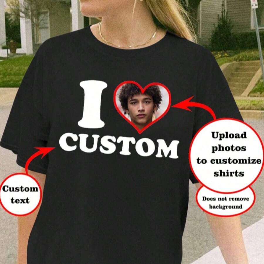 Customized Photo T-Shirt, Gift For Girlfriend/Wife, Valentine's Day Gift, Customize Face, Customize Women's T-Shirt - Add Your Own Text And Images (Family Photos/Selfies/Pet Photos/Friend Photos) To Design Your Personalized Printed T-Shirt, I Love Customized T-Shirt, Add Your Favorite Photos And Text (Girlfriend Photos/Couple Photos/Family Photos/Selfies/Pet Photos/Friend Photos),Customized Women Tops,Gym - màu đen - Xem 1