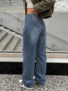 女士休闲宽松直筒破洞堆叠牛仔裤 春季度假 - 深色水洗藍 - 查看 4