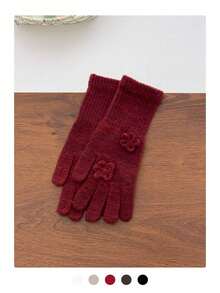 Rose-Embellished Knit Gloves (Hand Detailed), Soft Rabbit Fur Gloves, Warm And Versatile For Autumn/Winter, Knitted Touchscreen Floral Long Gloves For Women, Windproof And Warm Fingerless Gloves