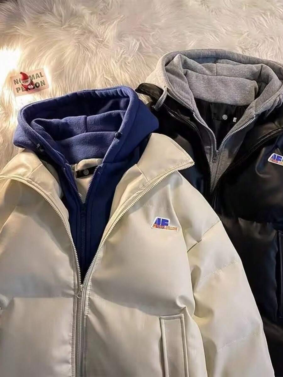 Men's Black Shiny Faux Leather Puffer Jacket - Best Seller Two-In-One Hooded Warm Winter Oversized Casual Outerwear - 白色 - 查看 1