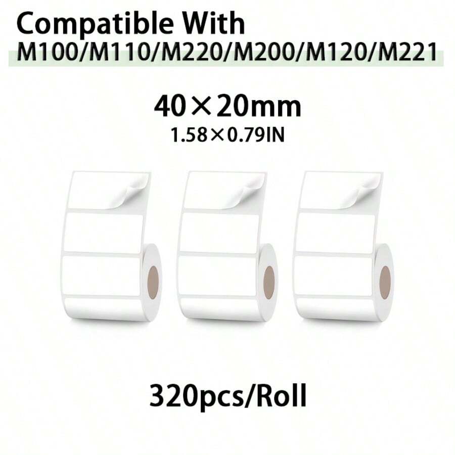 1/2卷 40*20mm 白色热敏标签贴纸 - 320张/卷，自粘条码标签，兼容M110/M110S、M120、M200、M220、DP26、P50、M221、B3S标签打印机，防水热敏标签纸，用于条码打印 - 白色 - 查看 1