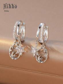 Hihho 2pcs Asymmetric Sun, Moon & Star Earrings, Romantic Cosmic Style, Available In Gold & Silver Colors, Double-Layer Hoop + Sun, Moon & Star Pendant Asymmetric Design, Combining Romantic Mysterious Vibe And Sparkling Texture, Suitable For Sweet & Retro Chic Outfits - Sun, Moon, and Stars - View 3
