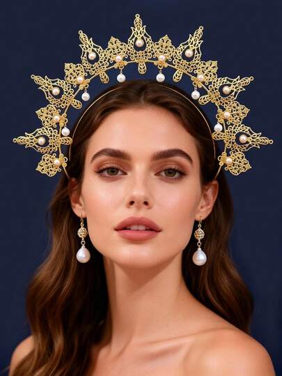 Baroque Virgin Mary Halo Crown Headband, Handmade Faux Pearl Headdress, Exaggerated Design For Masquerade, Performance, Party, Vintage Hair Accessory,Valentine's Day Costume