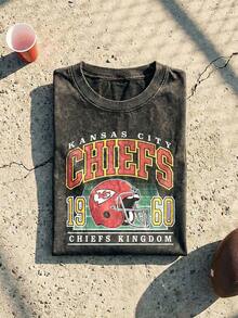 Kansas City Football Helmet Graphic Tee Acid Washed Shirt Unisex Couple Matching Boyfriend Style Retro Game Day 1960 Aesthetic Sports Fan Gear Distressed Cotton Graphic Tees Men Oversized T Shirt Summer Clothes Men Fall Clothes Men Winter Clothes Camisetas Para Hombre - 黑色 - 查看 2
