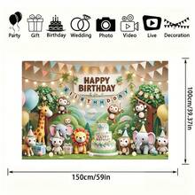 1 pièce Toile de fond d'anniversaire avec animaux sauvages de la forêt - Thème d'animaux de la jungle avec feuilles, singes, éléphants et décoration de gâteau - En polyester, sans alimentation électrique - Convient pour les accessoires et la décoration de fête d'animaux sauvages de la jungle - Militaire verte - Voir 2