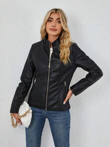 Women's Faux Leather Motorcycle Jacket - Asymmetric Zipper, Stand Collar Design, Creates Avant-Garde Commute And Urban Street Style, Autumn/Winter - Black - View 5