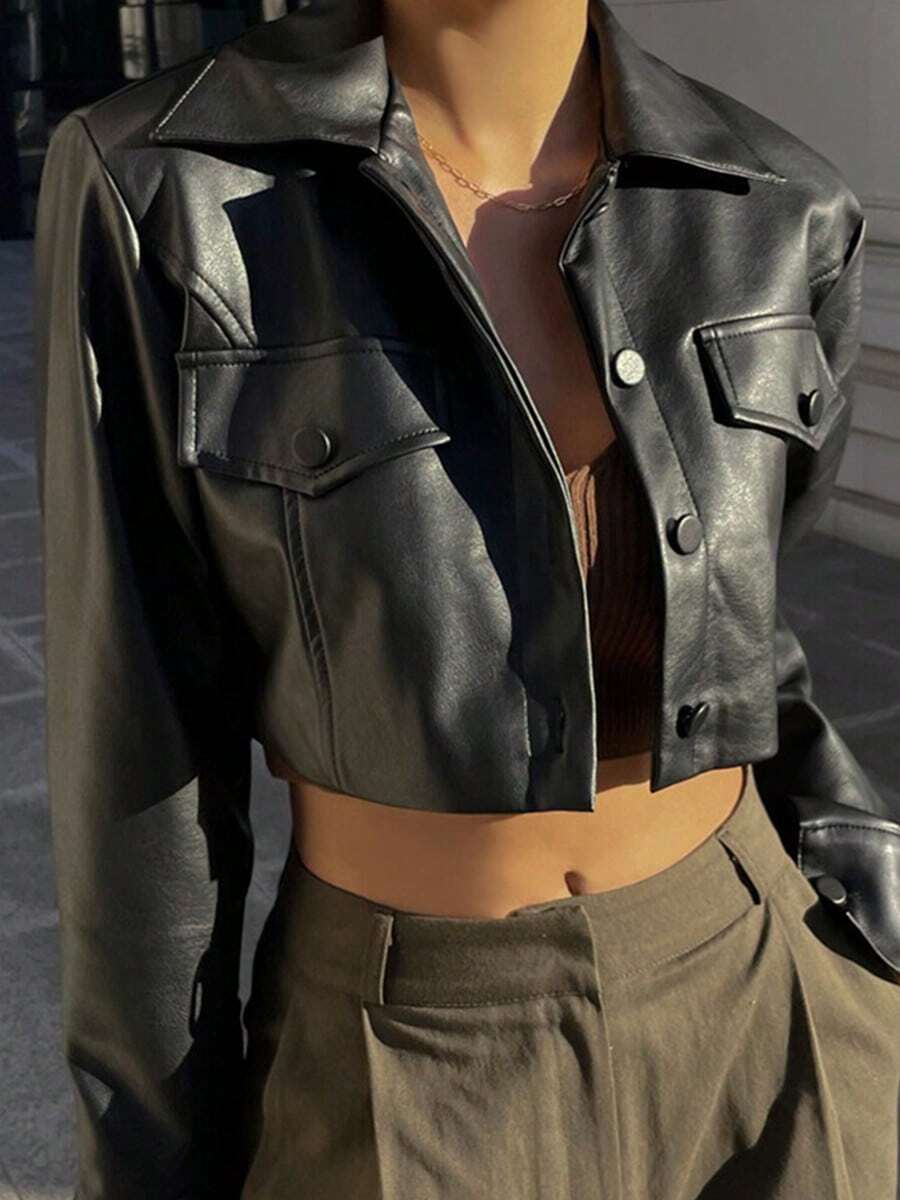 Chaqueta de mujer Chaqueta motera de estilo urbano europeo y americano para mujer Chaqueta de cuero con solapa y cierre de botones Chaqueta corta ideal para el otoño con un diseño sexy de top corto Chaqueta corta de cuero con cierre de botones Prenda exterior con solapa y bolsillos Chaqueta de cuero con un estilo motero moderno y atrevido - Negro - Ver 1
