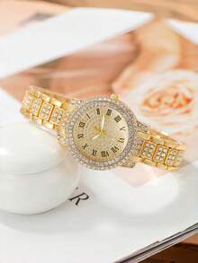 4件套女士时尚休闲石英表，罗马数字表盘，水钻点缀，圆形指针，包含珠宝配件和8字形手链，适合作为母亲节、教师节、感恩节、毕业典礼、生日礼物 - 彩色 - 查看 4