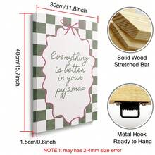 1pc Framed/Unframed Everything Is Better In Your Pyjama Canvas Poster Green Checkered Pink Bow Typography Quote Wall Art Print Minimalist Girly Room Aesthetic Decor Painting For Dorm, Living Room, Bedroom, Modern Home Decoration