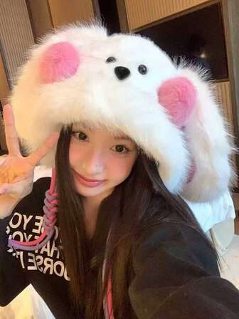 1 pezzo Cappello da donna autunno/inverno caldo in pile, cappello secchiello con orecchie da coniglio arrossato, cappello invernale carino e divertente in peluche spesso con motivo cartoni animati