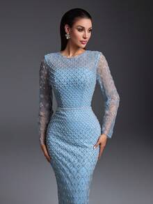 Elisanya New Luxury & Elegant Women's Long Formal Dress, Embellished With Sequins, Sequins, Lace, V-Neck, Slit Hem, Basic Style For Formal Events, Galas, Weddings, Parties - Baby Blue - View 4
