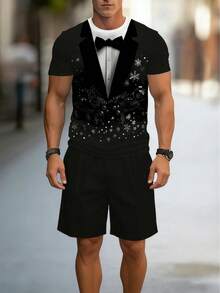 2件套加大码男士休闲宽松格子短袖T恤短裤睡衣套装，适合春夏穿着 - 黑色 - 查看 3