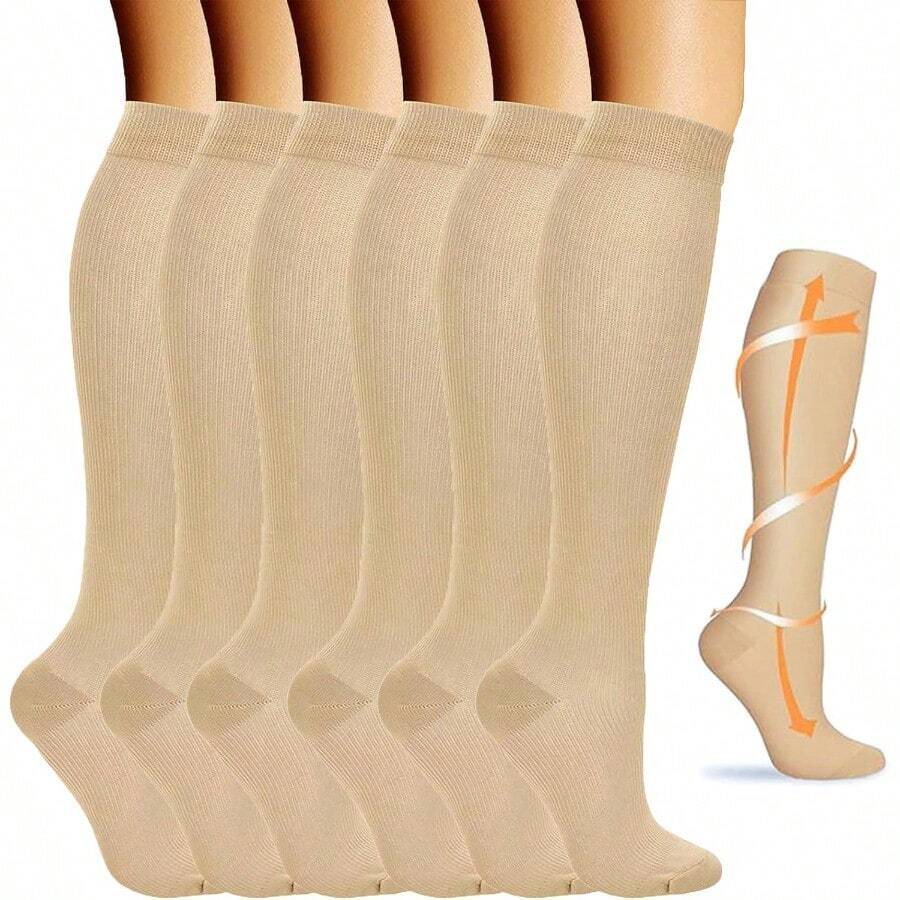 Medias de Compresion Muer y ore 6 Pares Calcs de Compresión Eláss de Algo Unisex Calcetines Largo 5-20 mg Socks Santieolicas Ves para Deportivos Correr ae Fitness - Beige6Pares - Ver 1