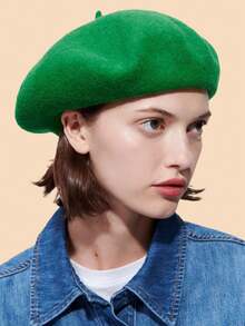 1pc Solid Color Wool Beret Hat, Versatile Winter Beanie Cap For Women, Retro Artist Style