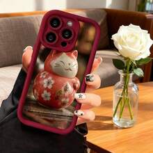 Funda para teléfono con diseño de gato de la suerte color rojo con flores de cerezo y caracteres chinos estilo japonés para uso diario y decoración elegante - Burdeos - Ver 7