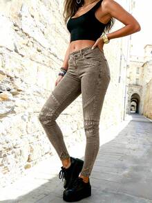 Women's Ripped Jeans With Distressed Details, Boyfriend Style, Zippered Details, Everyday Pants. - Mocha Brown - View 5