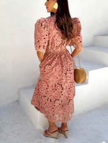 Midi Dress In Embroidered Richelieu Lace – Elegant And Modest | Sizes M To L - Màu hồng gỉ - Xem 3