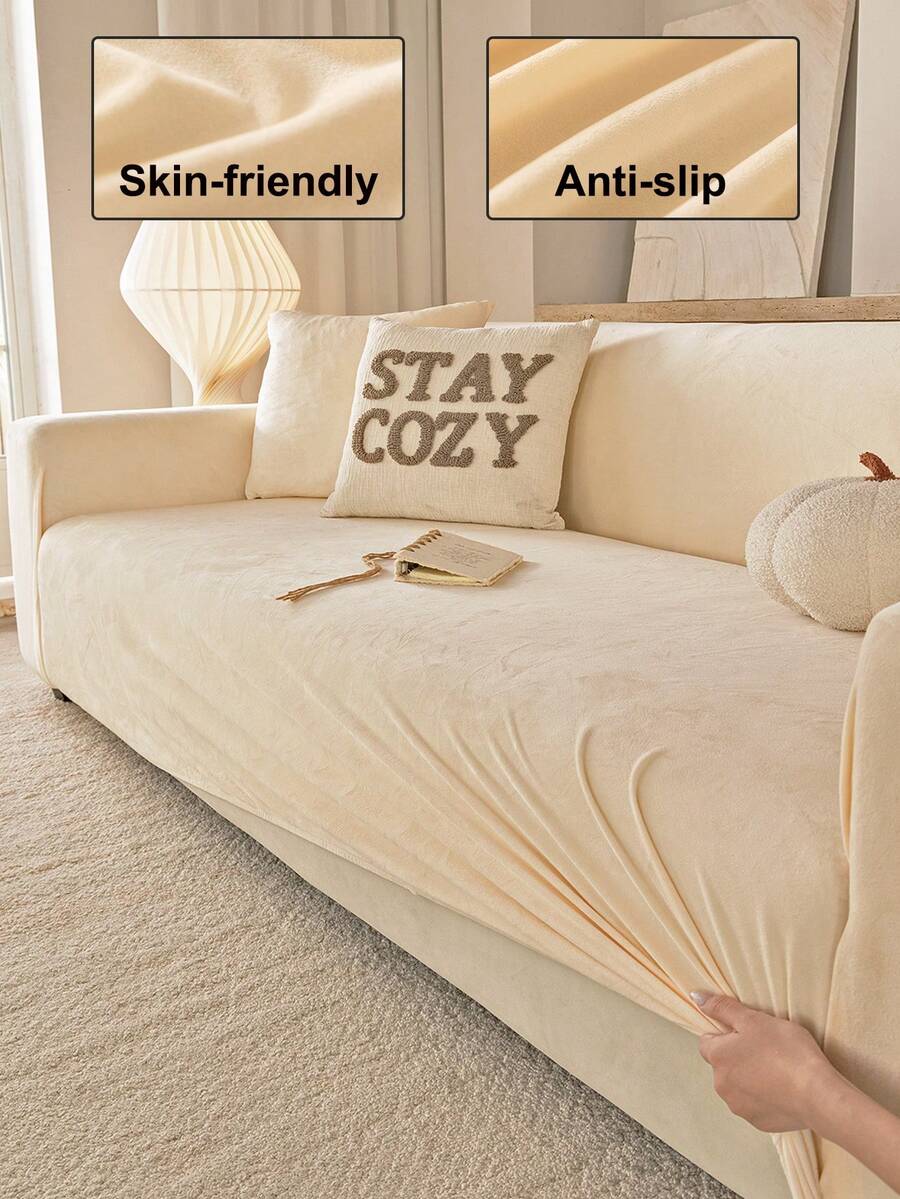 1pc Romantic Wedding Season Beige Faux Fur Solid Color Sofa Cover, Elastic All-Inclusive, Minimalist Pet-Friendly Anti-Slip Anti-Dirty Anti-Scratch, Suitable For All Seasons, Machine Washable, Holiday & New Home Decor Dust Cover For 1/2/3/4 Seater Sofa