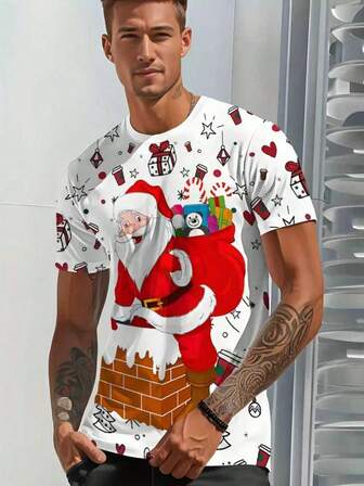 Men's 3D Printed Short Sleeved Santa Claus Gift Holiday Casual Fashion T-Shirt