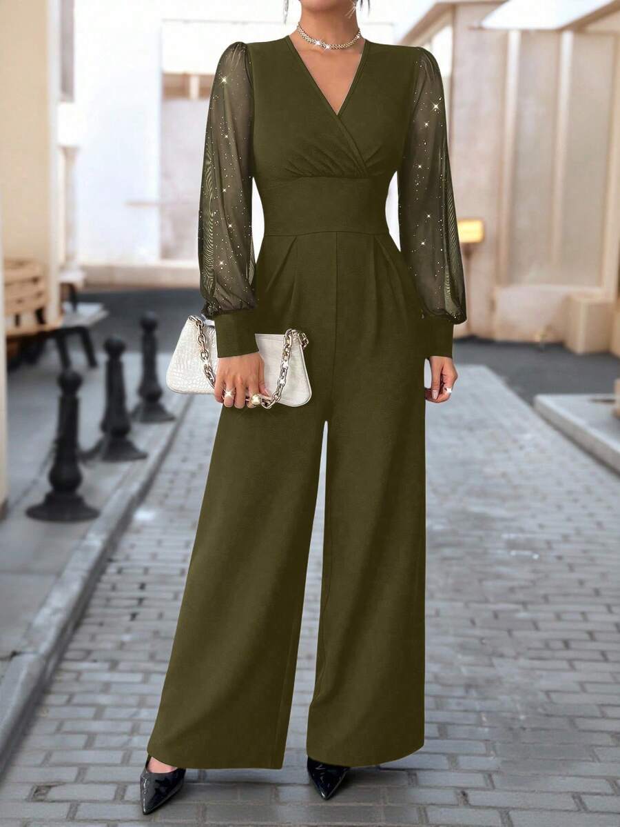 优雅女士连体裤，纯色V领长袖连体裤 - 直筒裤型，网纱拼接，铆钉装饰，可机洗，尽显精致格调 - 軍綠色 - 查看 1