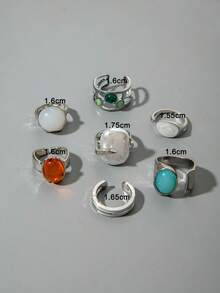 imoli 7pcs Vintage Baroque Style Faux Gemstone & Pearl Creative Personalized Jewelry Ring Set, Suitable For Daily Wear, Casual, Date, Party, Gift - Multicolor - View 10