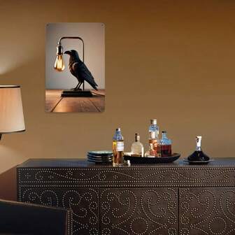 Lámpara de cuervo vintage Letrero de metal de estaño - Arte de pared de hierro para el hogar, la oficina, el bar, la decoración de la cafetería | No se necesita energía | Regalo de Navidad ideal