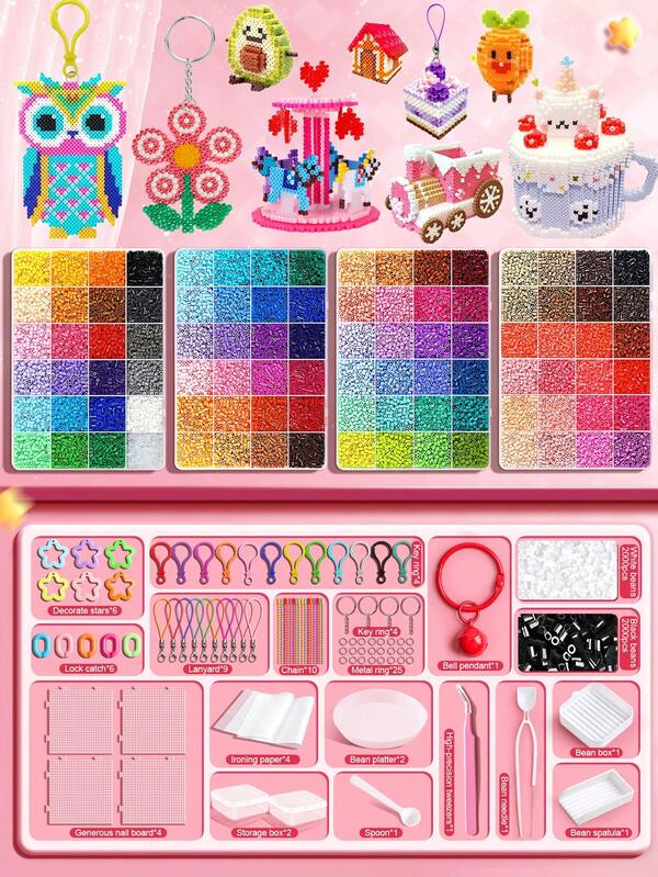 24/48/72/96 Color Fusible Bead Creative Craft Set, Including Square Nail Boards, Multi-Compartment Storage Boxes And Ironing Paper, Colorful Keychains, Decorative Accessories And Lanyard, Suitable For DIY Enthusiasts, Handcrafted Decorative DIY Jigsaw Puzzles For Easter And Valentine's Day Gifts