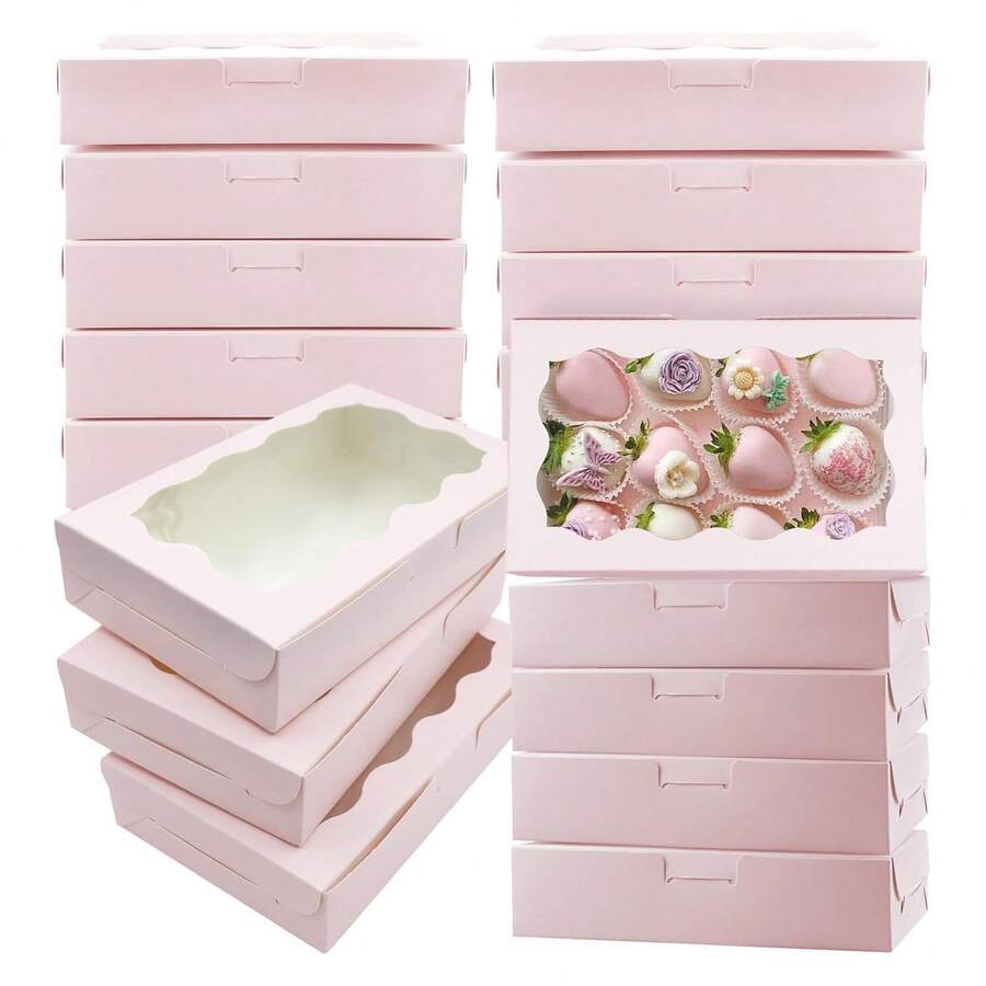 30pcs Cookie Boxes, 7x4.3x1.5 Inches, Pink & White Color With Transparent Window, Suitable For Cupcakes, Gifts, Snacks, Desserts, Strawberries, Muffins, Etc. - Multicolor - View 1