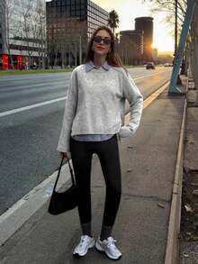 SEREN 秋冬新款浅灰色女式宽松简约通勤风罗纹针织衫，宽松时尚，适合日常穿着 - 淺灰色 - 查看 6